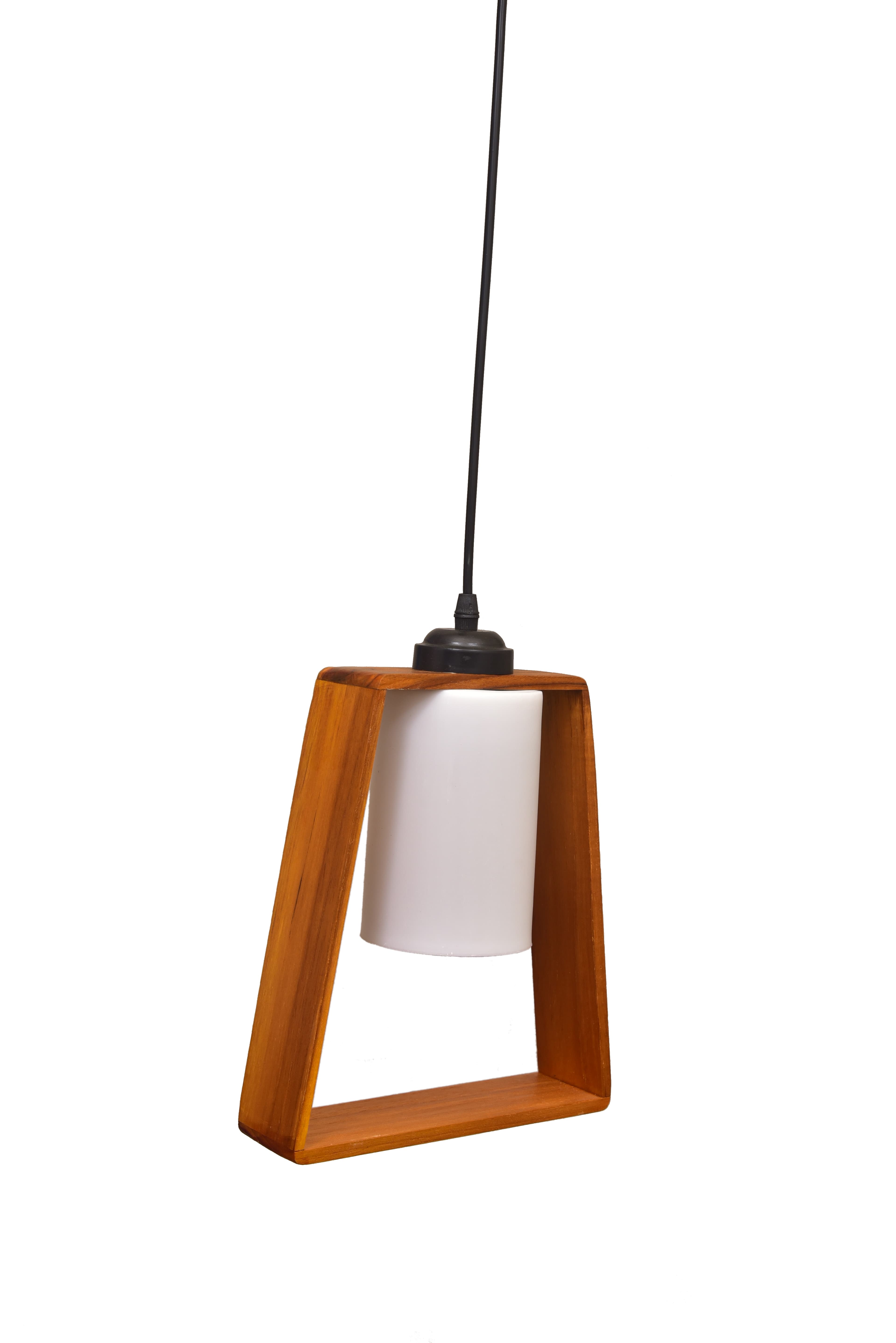 Wooden Pendant Light Trapezoid Hanging Lamp with Frosted Glass Shade