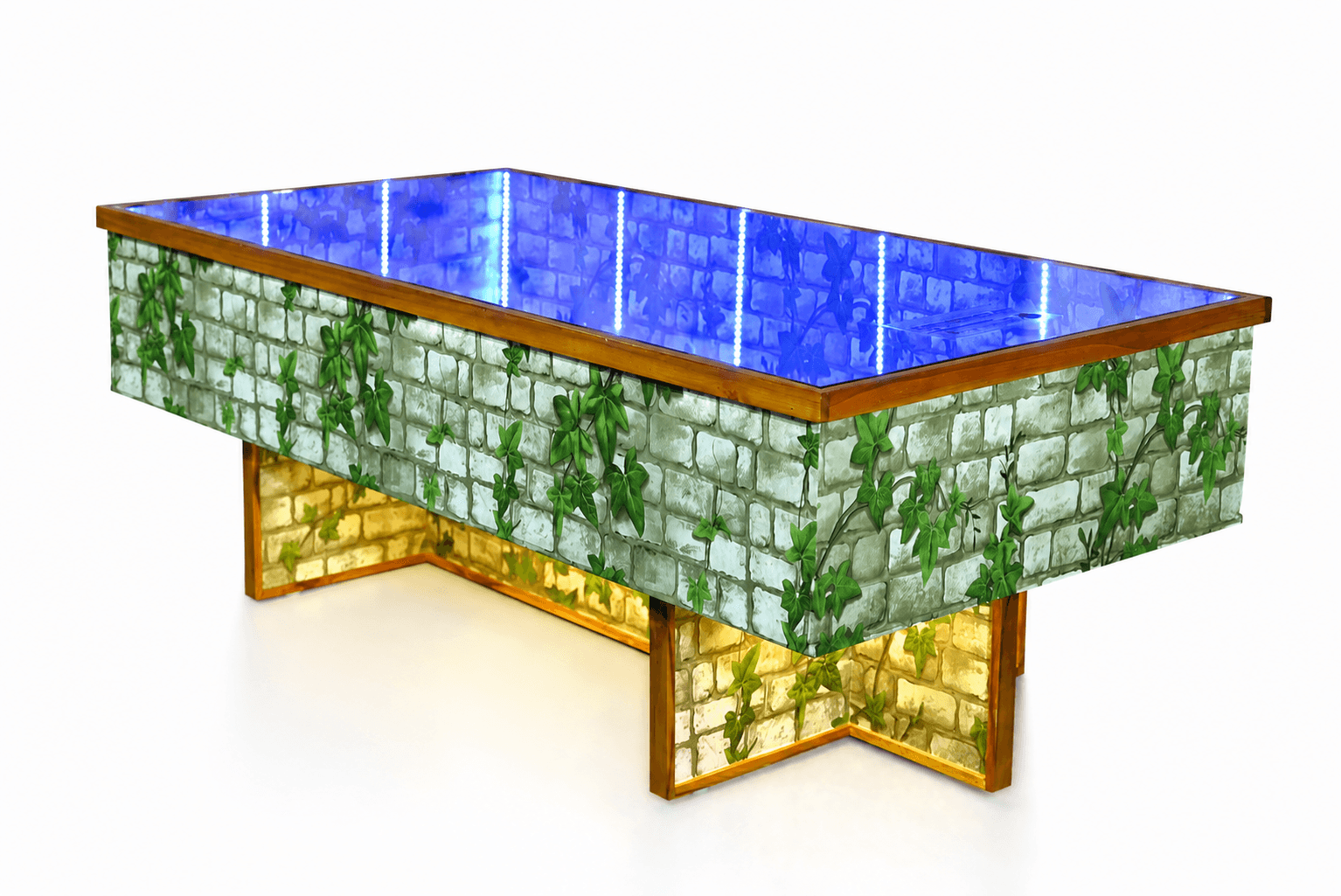 Modern 3D Tunnel Light Coffee Table 4x2 Ft Wooden LED Glass Top